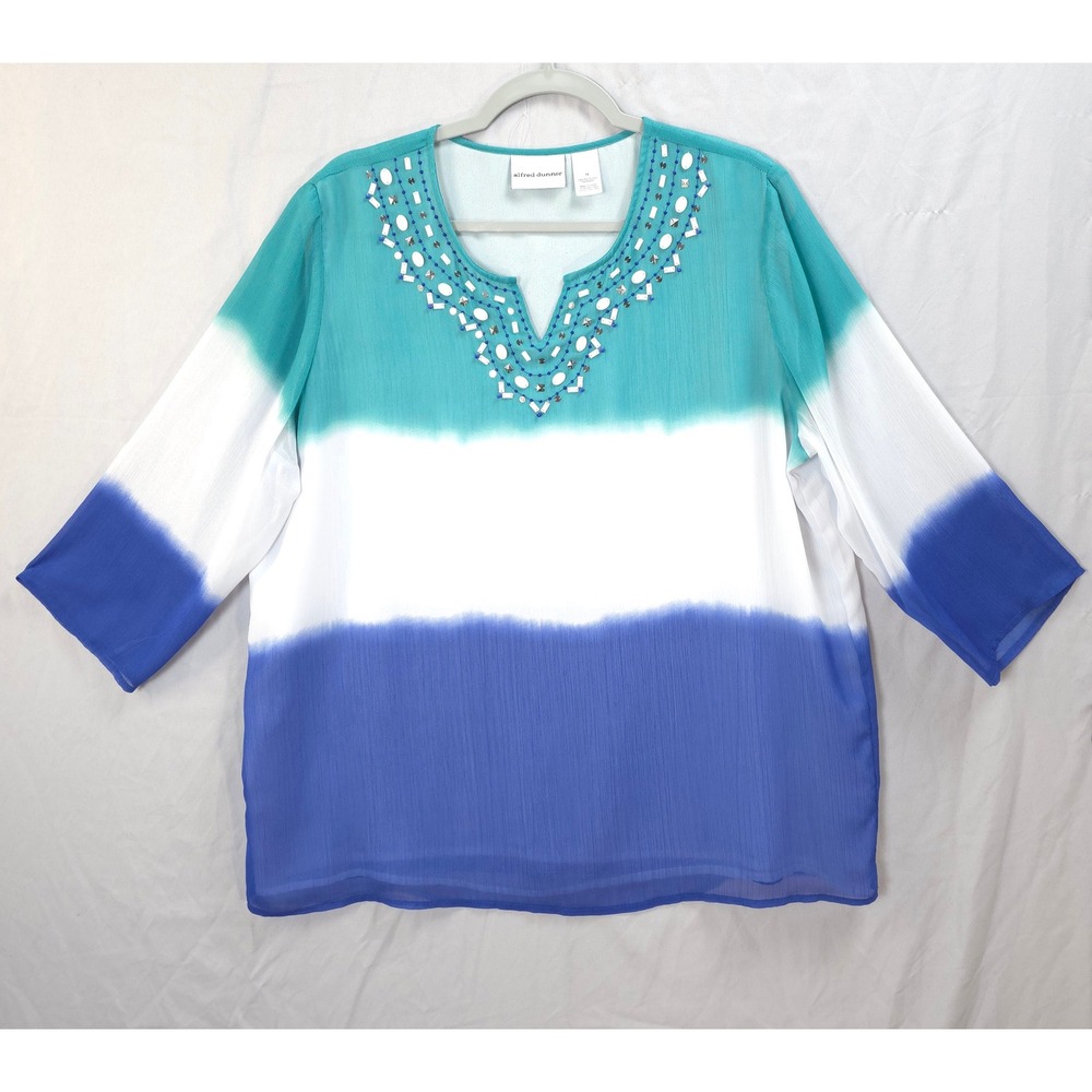 Alfred Dunner Ombre Beaded Tunic Top Women 16 Blue‎ White Sheer Boho Resort Chic
